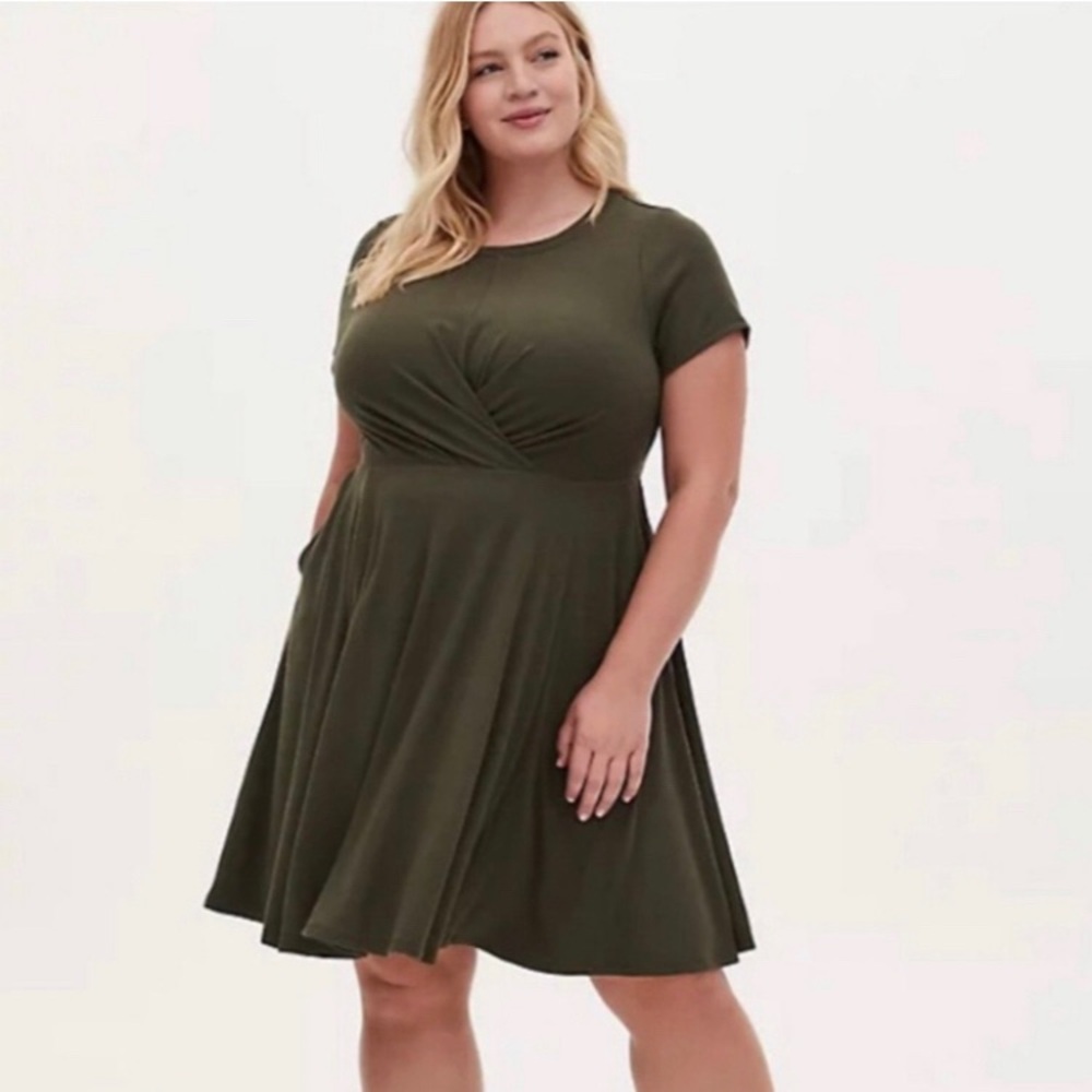 Torrid 0 Olive Mini Rib Knit Drape Front Skater Dress